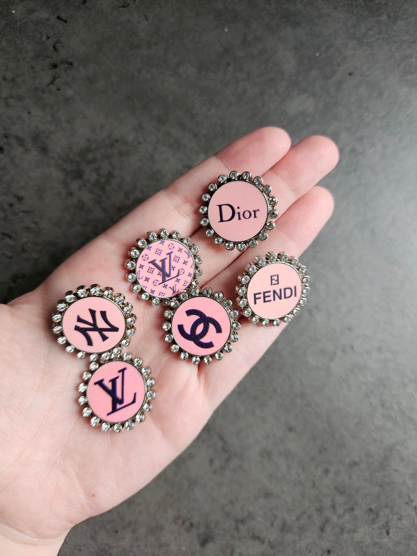 Pink circle metal bling shoe charms, gucci, LV, dior