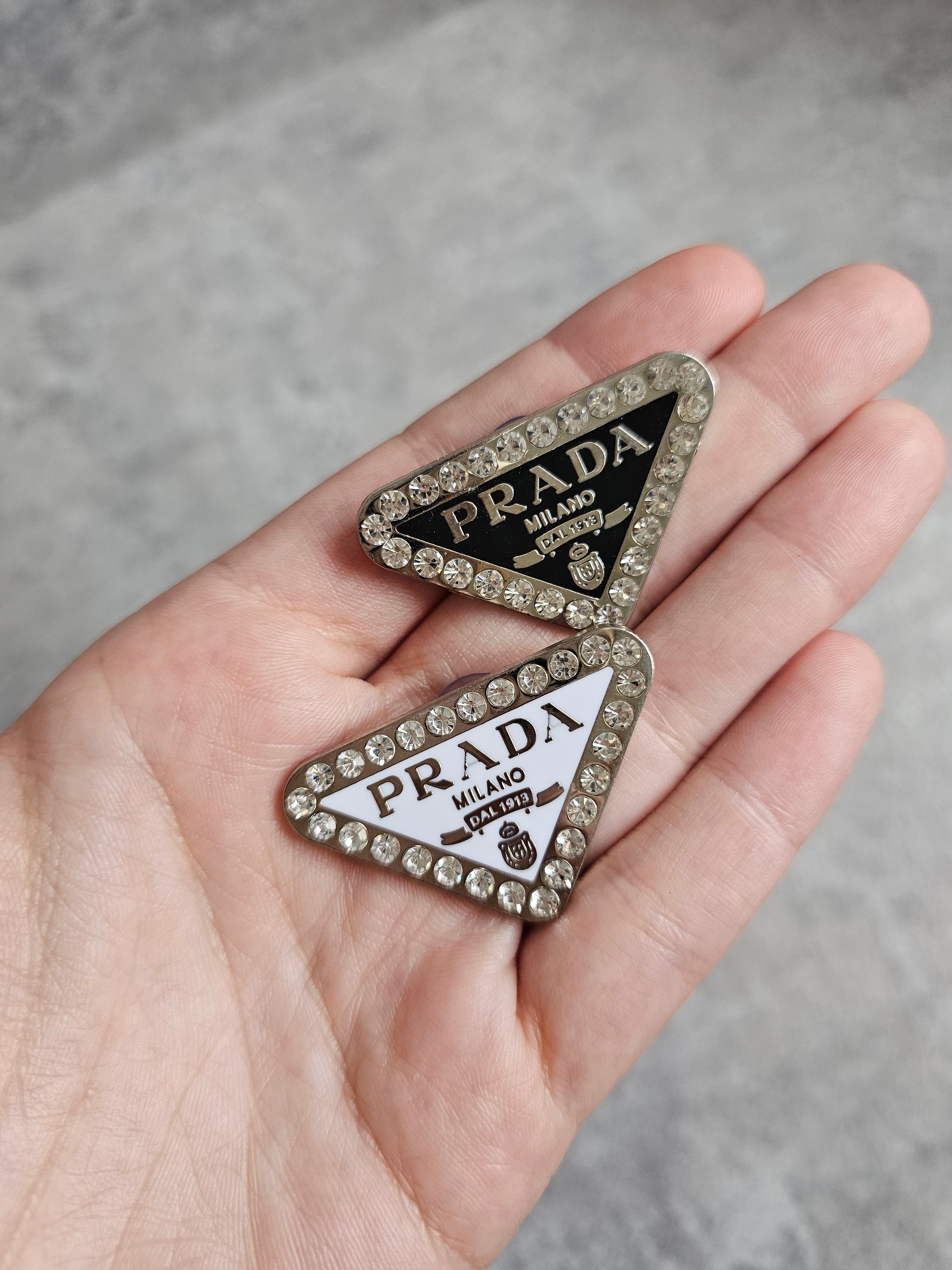 Metal diamanté prada badge shoe charms