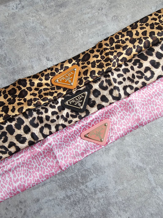 Satin P badge leopard print shoe strap covers, COME IN PAIRS.